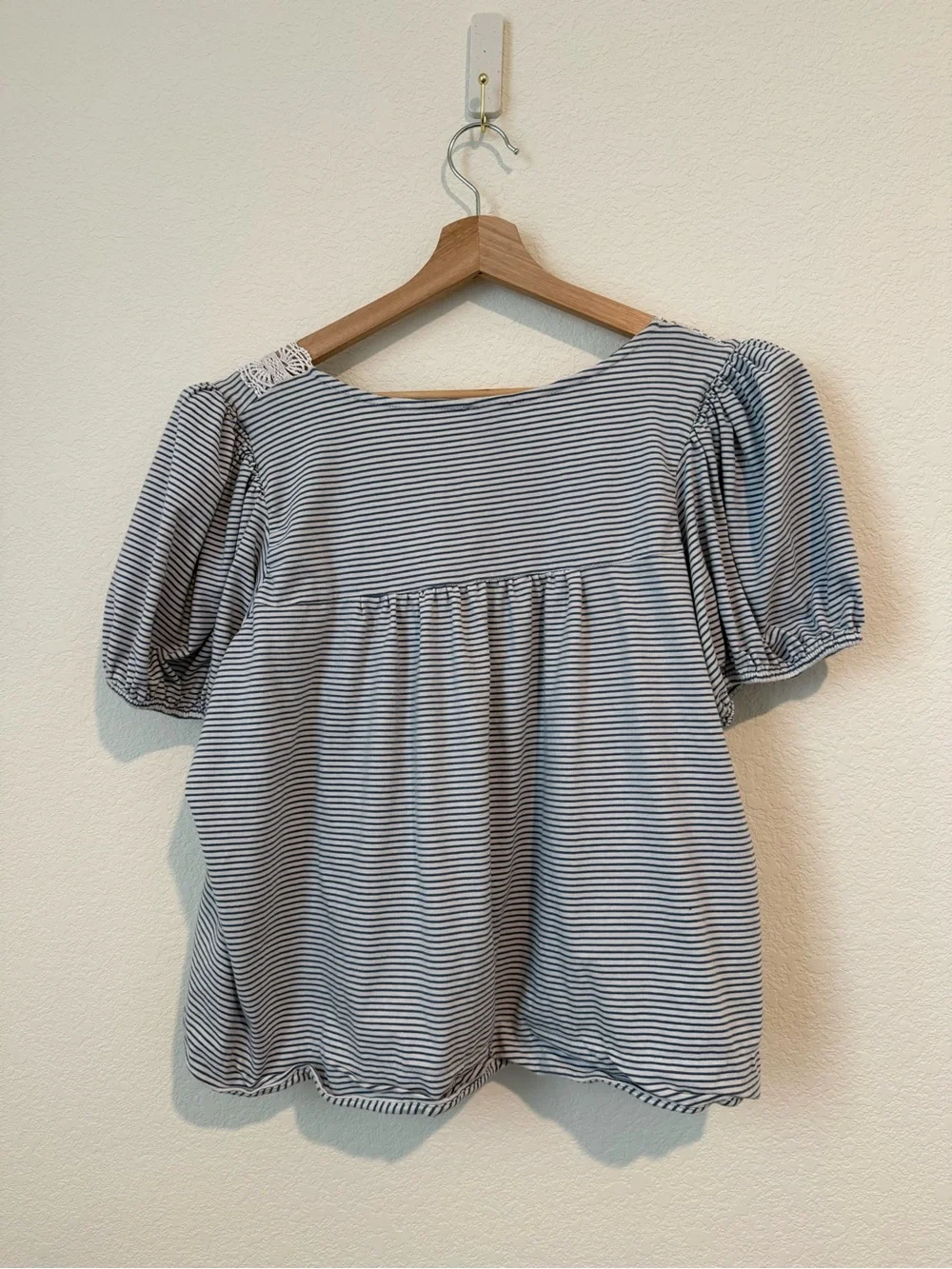 Anthro Maeve Square Neck Puff Sleeve Stripe Swing Tee - Picture 5 of 7